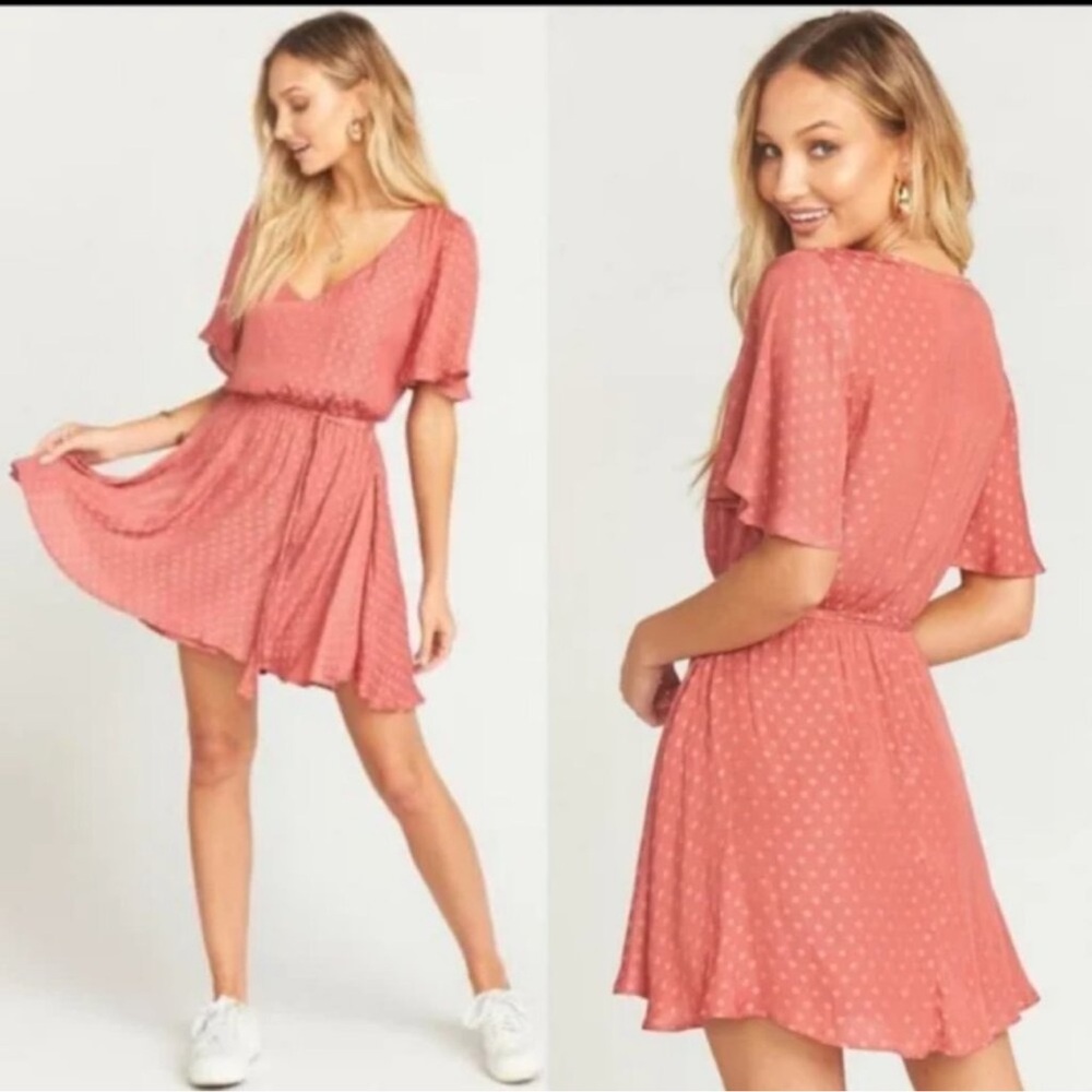 Show Me Your MuMu Anastasia Satin Like Fall Chic Mini Dress Blush Dot Small